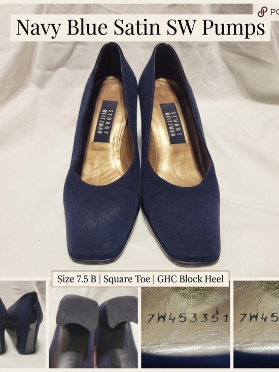 Stuart Weitzman Shoes - Stuart Weitzman Navy Blue Satin Square Toe Pumps, Size 7.5 B